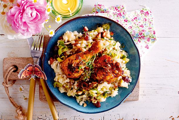 Sumach-Hähnchen vom Blech mit Ofenrisotto Rezept Sumach-Hähnchen vom Blech mit Ofenrisotto Rezept