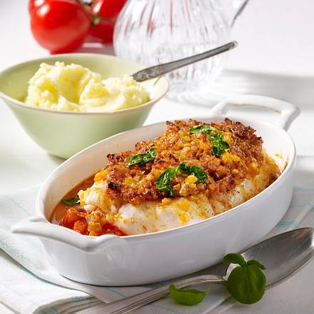 Gratinierter Kabeljau (Seelachs mit Zwiebel-Pesto-Haube) Rezept Gratinierter Kabeljau (Seelachs mit Zwiebel-Pesto-Haube) Rezept