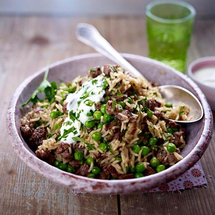 Indischer Erbsenreis mit Lamm Rezept Indischer Erbsenreis mit Lamm Rezept