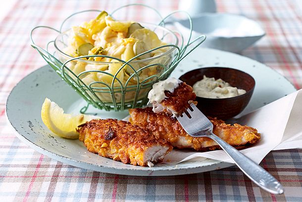 Knusperfisch mit Kartoffelsalat Rezept Knusperfisch mit Kartoffelsalat Rezept