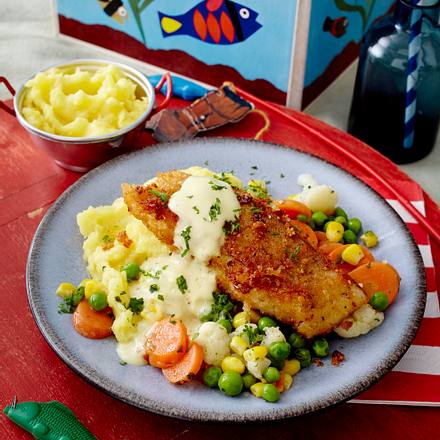 Paniertes Seelachsfilet mit Senfsoße und Buttergemüse Rezept Paniertes Seelachsfilet mit Senfsoße und Buttergemüse Rezept