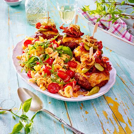 Peperoni-Cheesburger-Frikadellen auf Nudelsalat (Titel) Rezept Peperoni-Cheesburger-Frikadellen auf Nudelsalat (Titel) Rezept