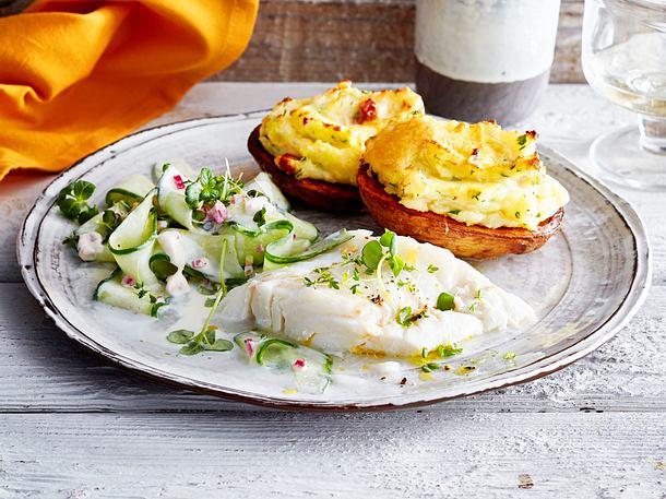 Limettenkabeljau mit gefüllter Speckkartoffel Rezept Limettenkabeljau mit gefüllter Speckkartoffel Rezept