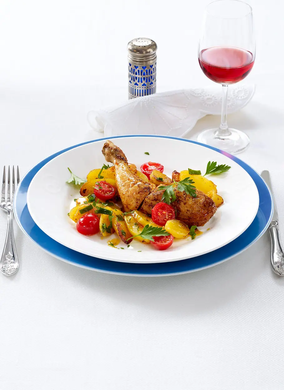 Alfons Schuhbeck: Hendlkeulen auf Kartoffelscheiben im Ofen gebraten Rezept Alfons Schuhbeck: Hendlkeulen auf Kartoffelscheiben im Ofen gebraten Rezept