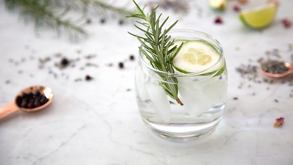 Alkoholfreier Gin im Glas mit Rosmarin und Gurke - Foto: iStock/Mariella McNeany