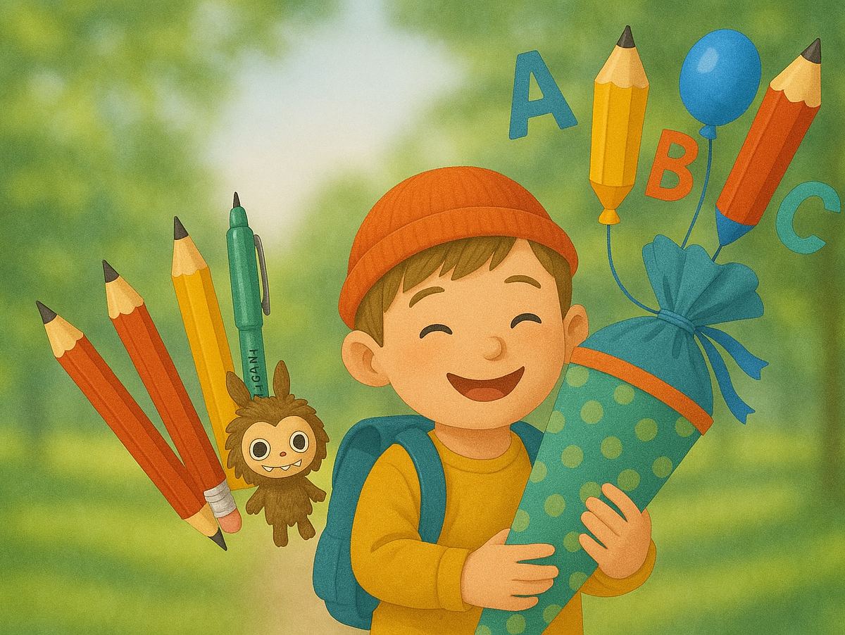 Ein lachender Junge mit roter Mütze hält eine Schultüte, im Hintergrund bunte Stifte, Buchstaben und ein Stofftieranhänger.