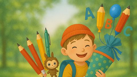 Ein lachender Junge mit roter Mütze hält eine Schultüte, im Hintergrund bunte Stifte, Buchstaben und ein Stofftieranhänger. - Foto: LECKER @ Bauer Media Group / KI-generiert mit DALL·E 3