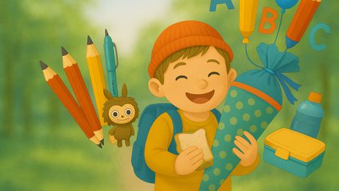 Ein fröhliches Kind mit roter Mütze hält eine bunte Schultüte, umgeben von Schulutensilien, Snackbox und Getränk. - Foto: LECKER @ Bauer Media Group / KI-generiert mit DALL·E 3