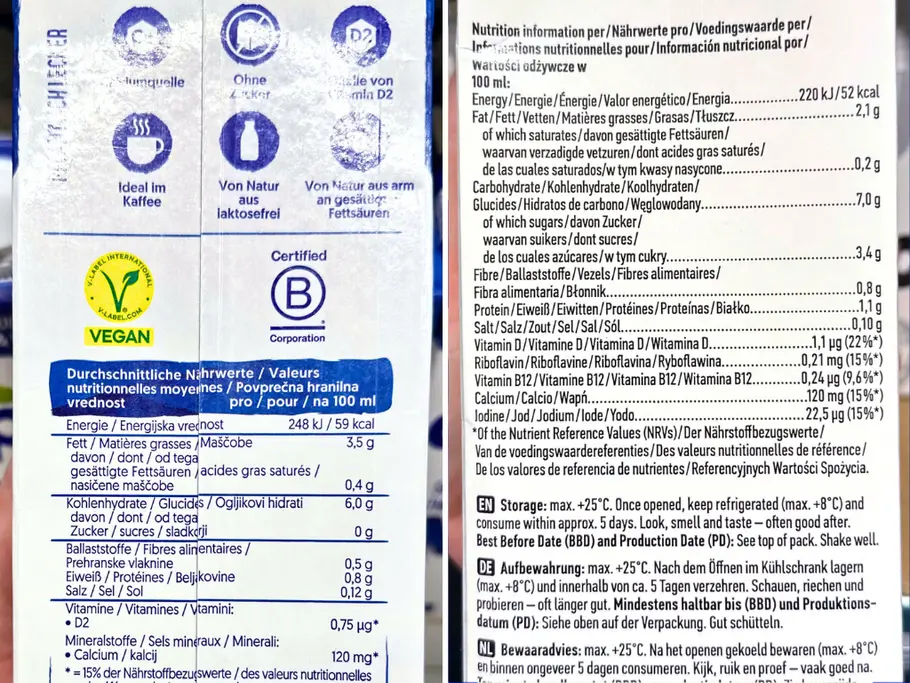 Nährwerte der Alpro Not Milk im Vergleich zur Oatly Barista Edition  als Split-Screen-Darstellung 