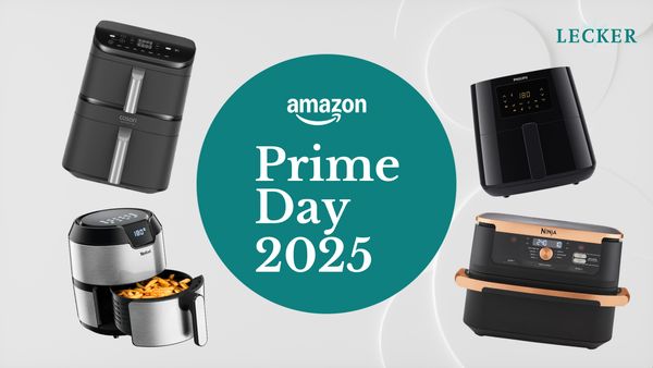 Vier verschiedene Heißluftfritteusen sind rund um einen großen, türkisen Kreis mit der Aufschrift Amazon Prime Day 2025 platziert. Oben rechts ist das Logo von LECKER. - Foto: Collage LECKER.de / iStock (Peresmeh) / PR