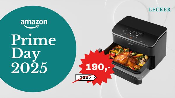 XXL-Korb, App-Steuerung, flexible Garzonen – die Cosori Twinfry Heißluftfritteuse ist dein neuer bester Küchenfreund. Jetzt bei Amazon im Prime-Day-Sale. - Foto: Collage LECKER.de / iStock (Peresmeh) / PR