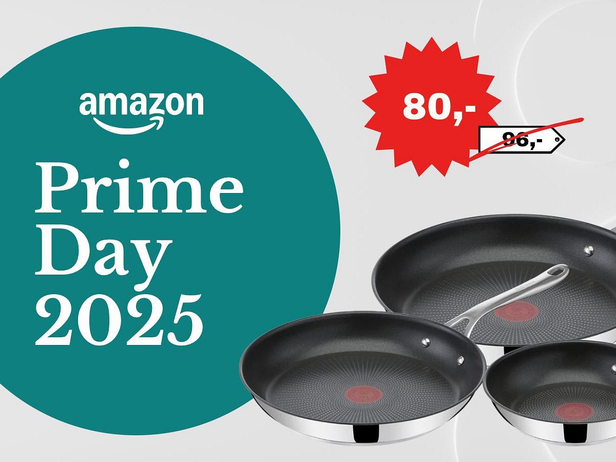 Drei Jamie-Oliver-Pfannen von Tefal sind im Vordergrund. Links davon trägt ein türkiser Kreis die Aufschrift „Amazon Prime Day 2025“. Davor ist ein roter Stern mit dem Preis 80 Euro statt 96 Euro abgebildet. Oben rechts ist das LECKER-Logo zu sehen.