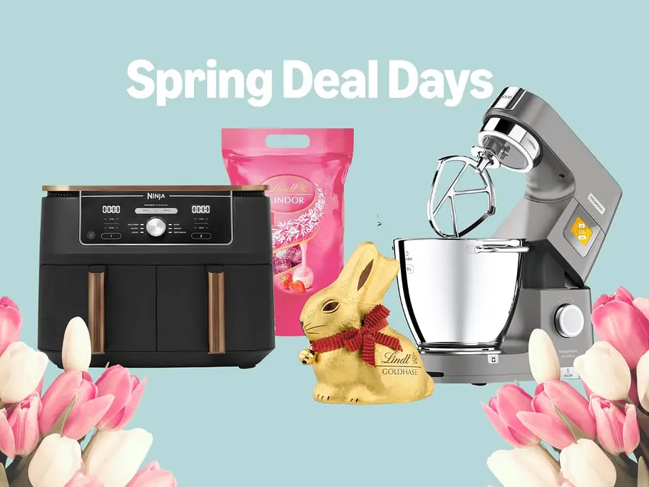 Ein Airfryer, Schokolade und eine Küchenmaschine als Symbole für die Angebote bei den Amazon Spring Deal Days 2026
