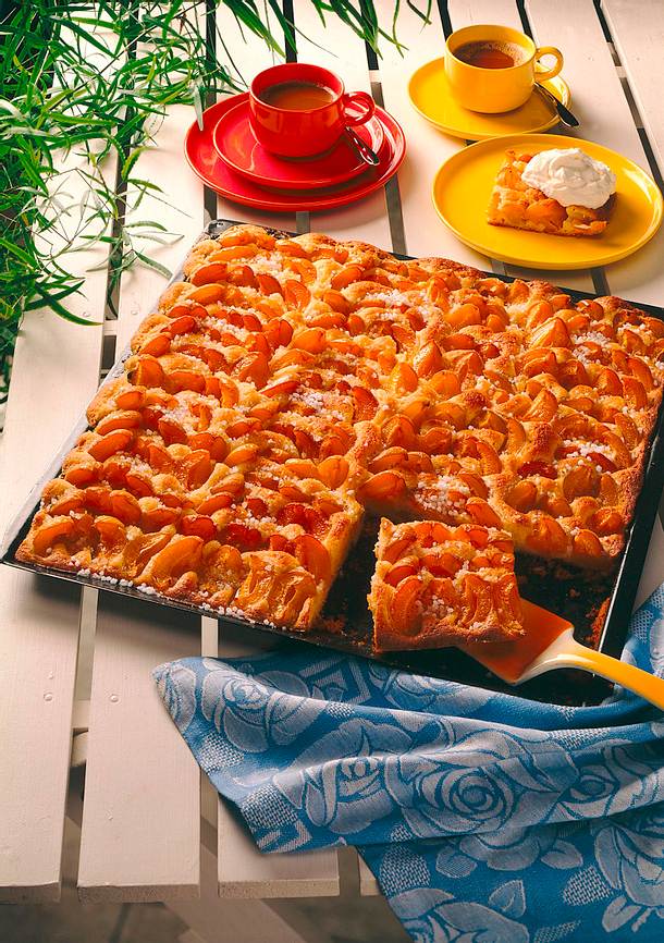 Aprikosenblechkuchen mit Marzipanrührteig Rezept Aprikosenblechkuchen mit Marzipanrührteig Rezept