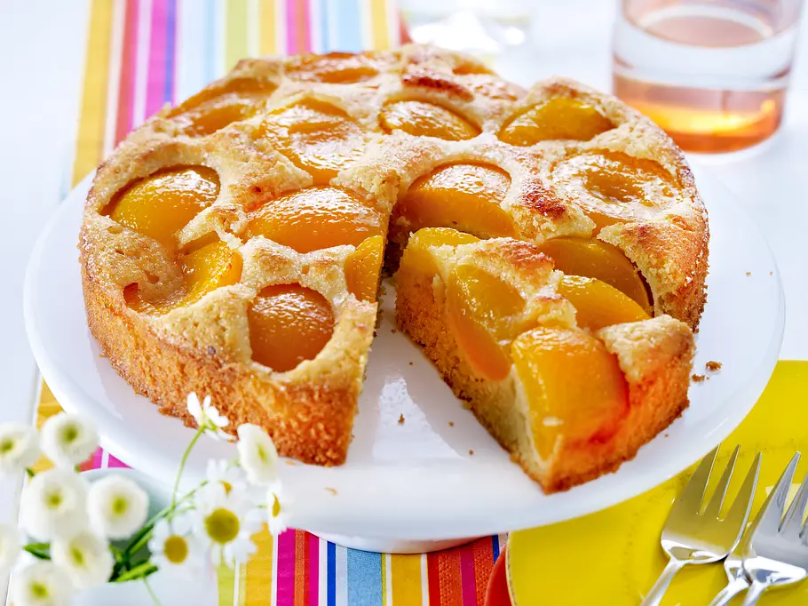 Aprikosenkuchen mit frischen Aprikosen Einfacher Aprikosenkuchen aus Rührteig, in der Springform gebacken, die Aprikosenhälften sind sichtbar aber halb im Teig versunken.