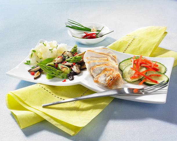 Asiatisches Pfefferhuhn mit Blumenkohl und Pilzpüree Rezept Asiatisches Pfefferhuhn mit Blumenkohl und Pilzpüree Rezept
