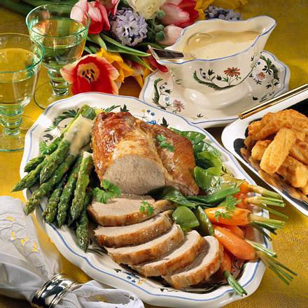 Ausgelöster Kotelettbraten mit Frühlingsgemüse Rezept Ausgelöster Kotelettbraten mit Frühlingsgemüse Rezept