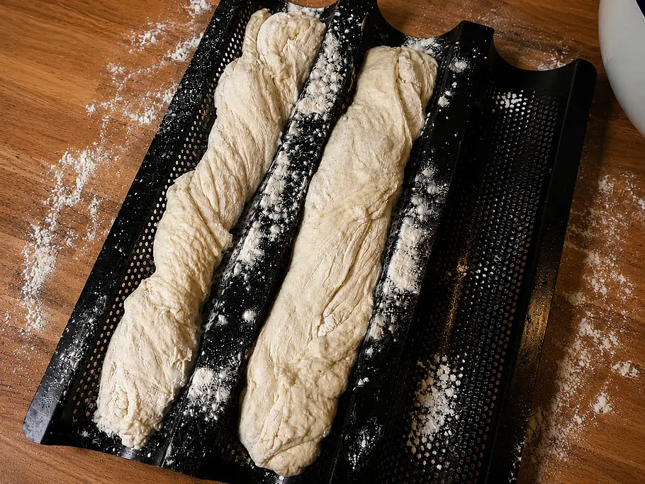 Baguetteteig in die Baguetteform legen. Zwei länglich geformte Baguetteteiglinge auf einem bemehlten Baguetteblech vor dem Backen.