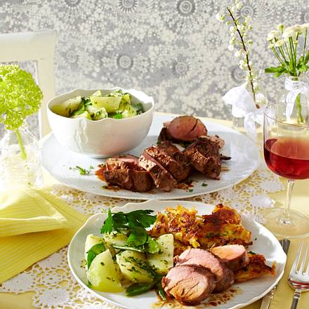 Balsamicofilet mit Kohlrabi-Zuckerschoten-Gemüse und Röstifleckerln Rezept