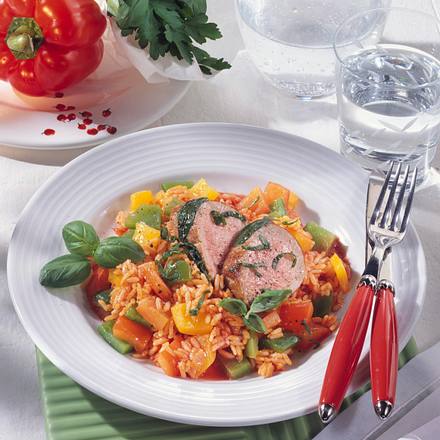 Basilikum-Filet auf Paprika-Reis Rezept Basilikum-Filet auf Paprika-Reis Rezept