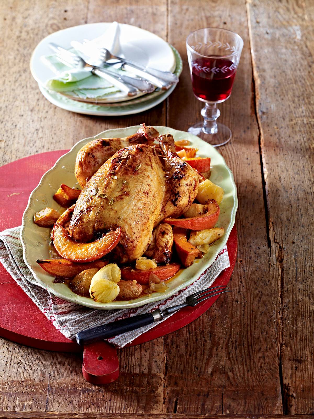 Bauernhuhn mit Kürbis und Quitten Rezept