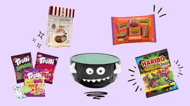 Vier verschiedene Halloween-Süßigkeiten und eine gruselige Schüssel zum Servieren - Foto: LECKER @ Bauer Media Group / PR / Canva / Nicole Molitor