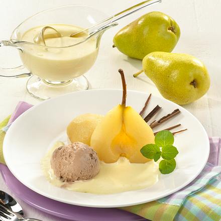 Birne in Weinschaum mit Schokoladeneis Rezept
