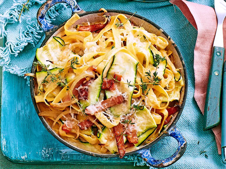 Blitzschnelle Zucchini-Bacon-Pasta Rezept Blitzschnelle Zucchini-Bacon-Pasta Rezept