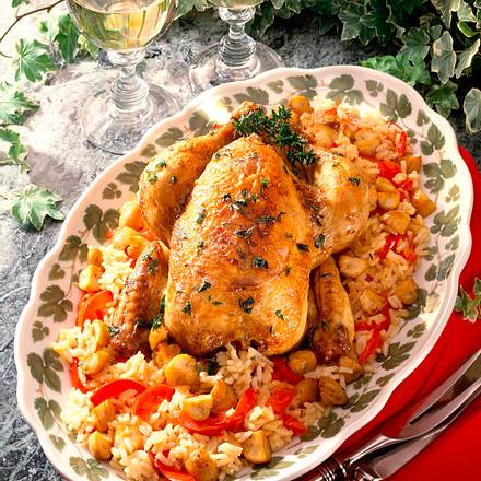 Brathähnchen auf Paprika- Champignon-Risotto Rezept