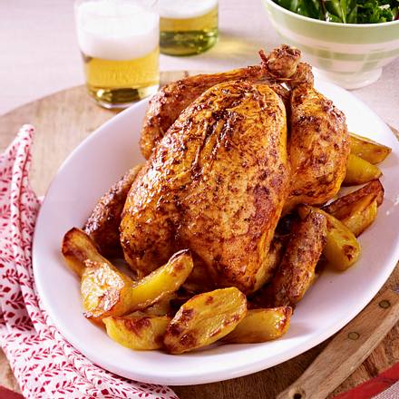 Brathähnchen mit Kartoffelspalten Rezept Brathähnchen mit Kartoffelspalten Rezept