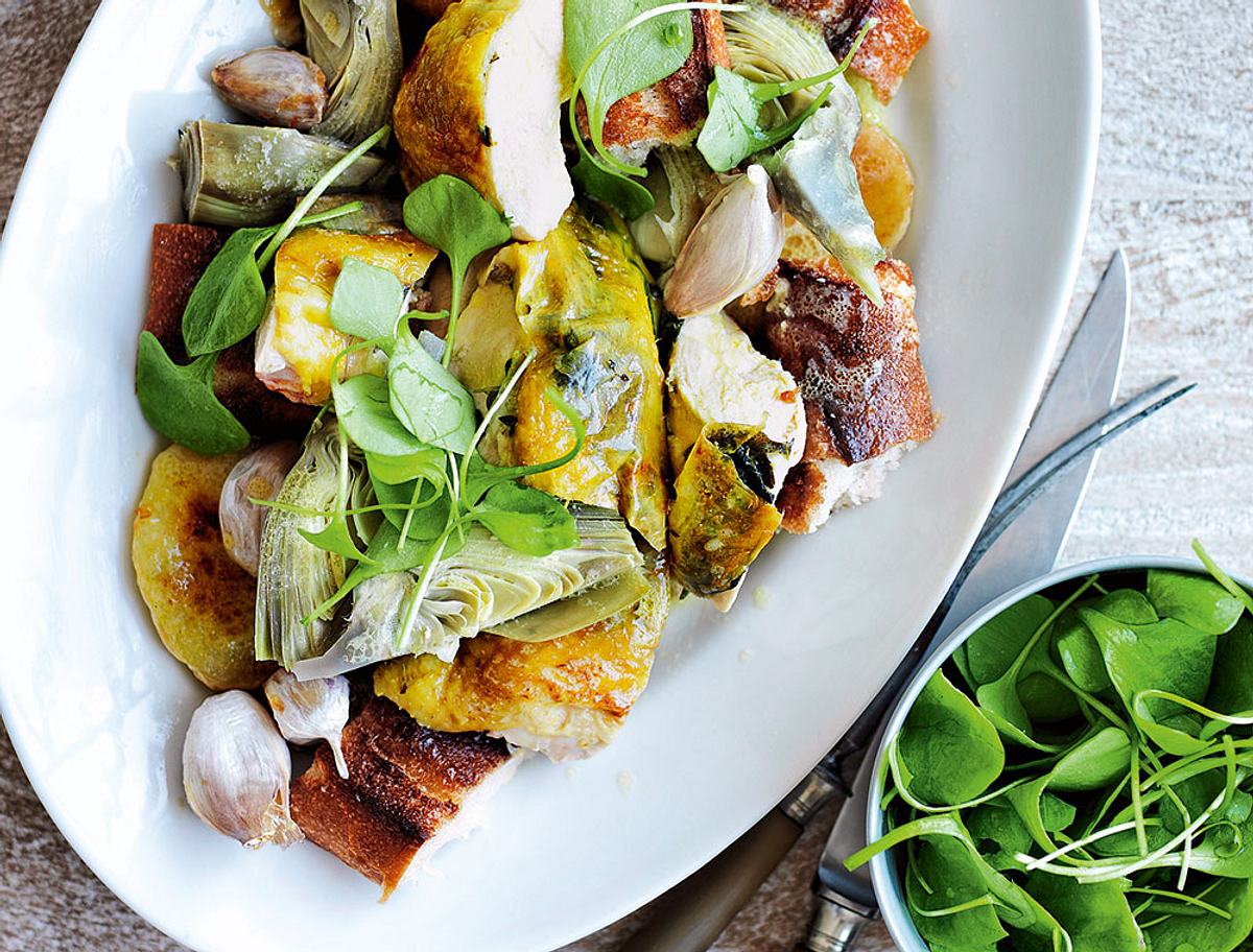 Brathähnchen mit Röstbrot und Artischocken Rezept