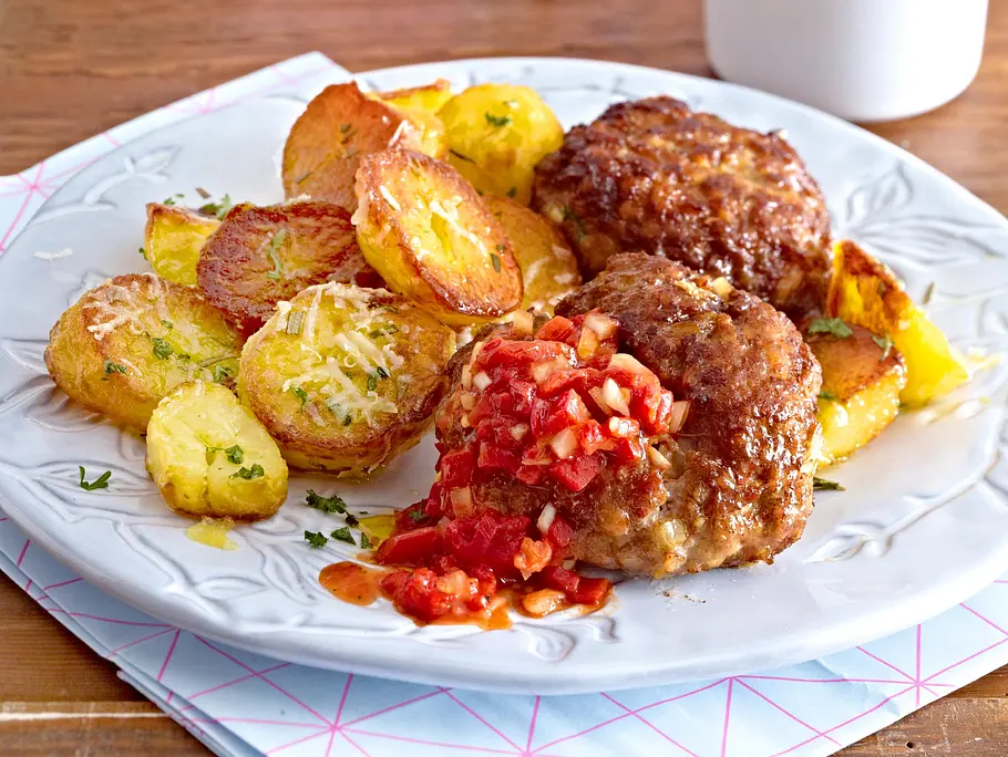 Bratkartoffeln vom Blech zu Frikadellen Rezept Bratkartoffeln vom Blech zu Frikadellen Rezept