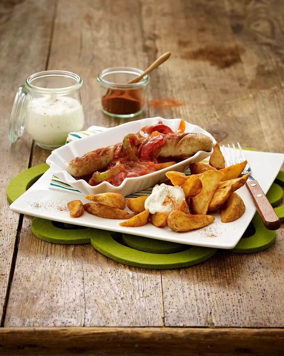 Bratwurst mit Paprikasoße und Kartoffelecken Rezept Bratwurst mit Paprikasoße und Kartoffelecken Rezept