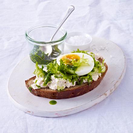 Brot mit Forellencreme, Frisee, Eiern und Petersilienöl Rezept Brot mit Forellencreme, Frisee, Eiern und Petersilienöl Rezept