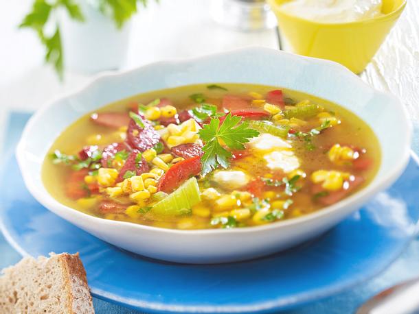 Bunte Maissuppe mit Cabanossi und Schafskäse-Dip Rezept Bunte Maissuppe mit Cabanossi und Schafskäse-Dip Rezept