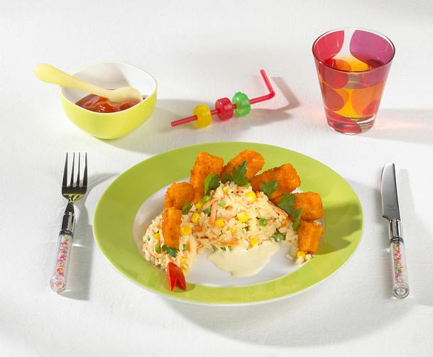 Bunte Reis-Dinos mit Fischstäbchen-Zacken Rezept Bunte Reis-Dinos mit Fischstäbchen-Zacken Rezept