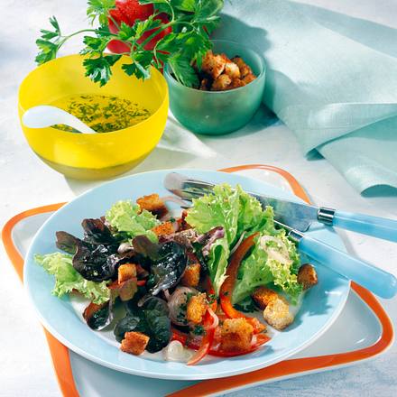 Bunter Blattsalat mit Paprika und Croûtons Rezept Bunter Blattsalat mit Paprika und Croûtons Rezept