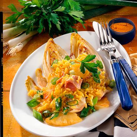 Chicorée-Schiffchen mit Curry-Reis Rezept