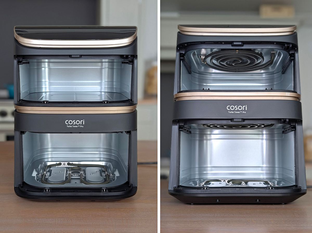 Der Cosori Turbo Tower Pro Smart von innen Zwei Vorderansichten des Cosori Turbo Tower Pro Smart, der ohne Schubladen auf einer Arbeitsfläche steht. Links: Leicht gesenkter Blick runter auf das Heizelement innen im Boden. Rechts: Blick von unten auf die beiden Heizelemente oben im Garraum.