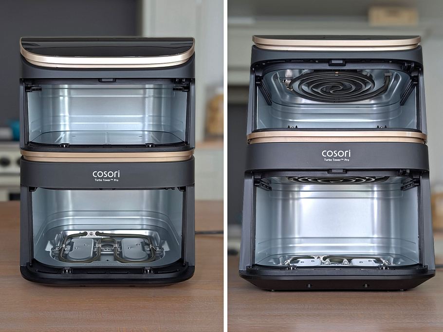 Zwei Vorderansichten des Cosori Turbo Tower Pro Smart, der ohne Schubladen auf einer Arbeitsfläche steht. Links: Leicht gesenkter Blick runter auf das Heizelement innen im Boden. Rechts: Blick von unten auf die beiden Heizelemente oben im Garraum.