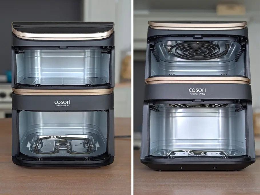 Zwei Vorderansichten des Cosori Turbo Tower Pro Smart, der ohne Schubladen auf einer Arbeitsfläche steht. Links: Leicht gesenkter Blick runter auf das Heizelement innen im Boden. Rechts: Blick von unten auf die beiden Heizelemente oben im Garraum.