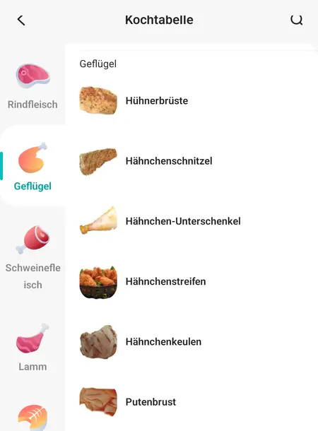 Screenshot aus der VeSync-App: die Kochtabelle, mit den Optionen unter der Auswahl „Geflügel“ (von Hühnerbrüste bis halbes Hähnchen).