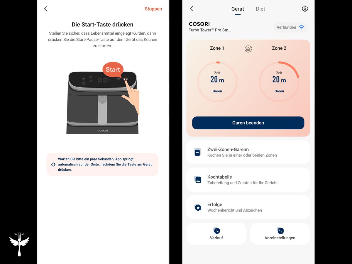 Zwei Screenshots aus der VeSync-App auf schwarzem Hintergrund. Links: die Aufforderung zum Starten des Vorgangs am Gerät. Rechts: das Menü während des Garens zum Überwachen des Fortschritts oder Beenden des Kochens. In der unteren linken Ecke das LECKER-Logo.