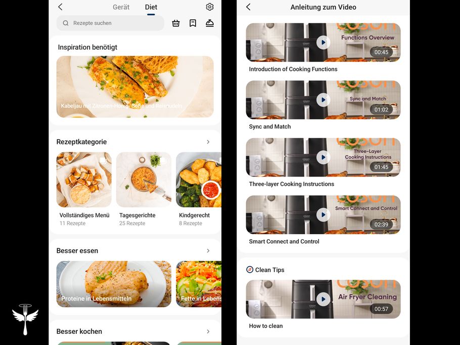 Zwei Screenshots aus der VeSync-App auf schwarzem Hintergrund. Links: verfügbare Rezepte für den Cosori Turbo Tower Pro Smart Rechts: verfügbare Videoanleitungen und Tipps. In der unteren linken Ecke das LECKER-Logo.