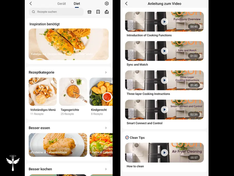 Zwei Screenshots aus der VeSync-App auf schwarzem Hintergrund. Links: verfügbare Rezepte für den Cosori Turbo Tower Pro Smart Rechts: verfügbare Videoanleitungen und Tipps. In der unteren linken Ecke das LECKER-Logo.