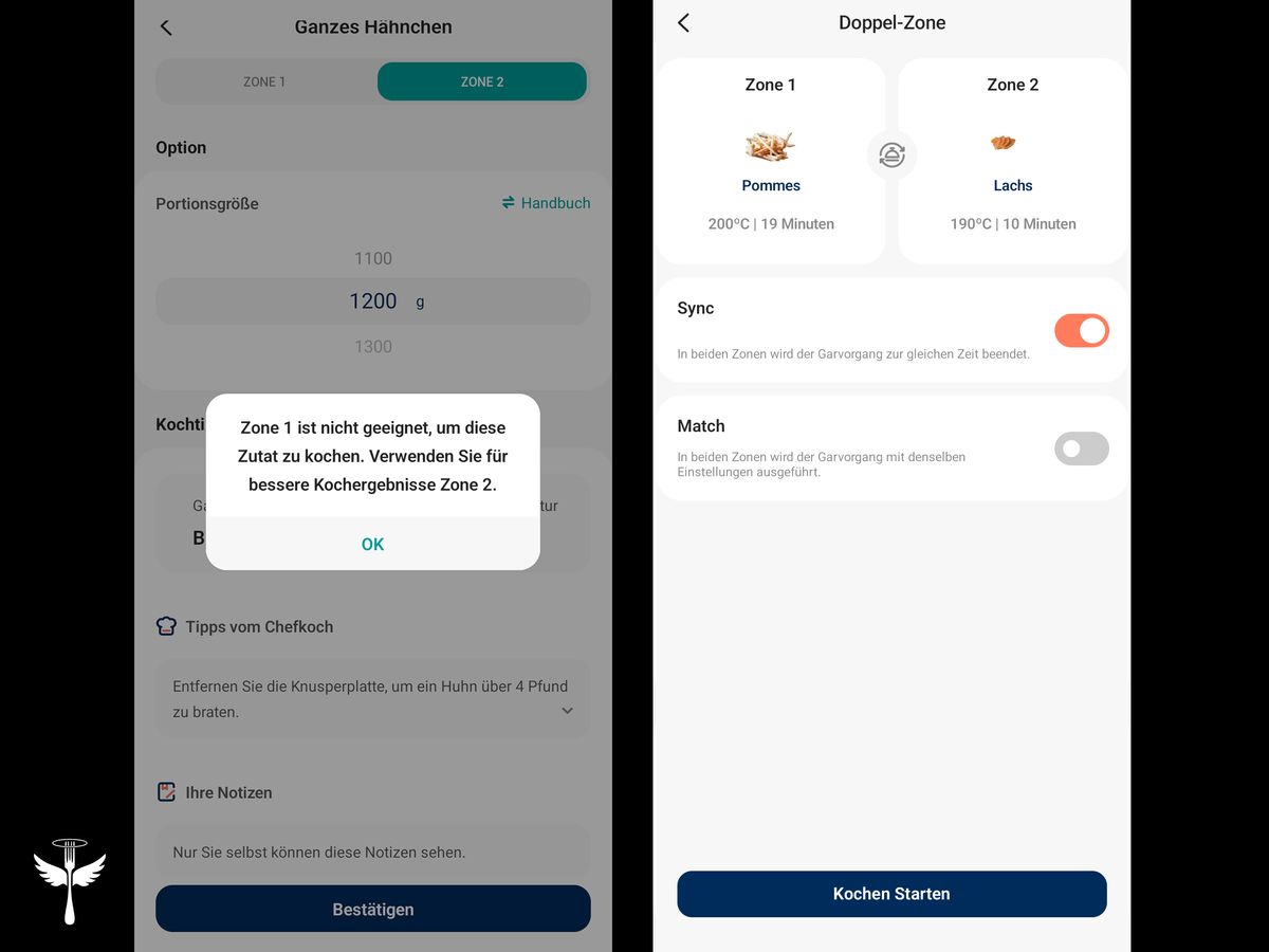 Zwei Screenshots aus der VeSync-App auf schwarzem Hintergrund. Sie zeigen das Menü zum Einstellen der beiden Kochzonen mit Hilfe der Kochtabelle. Links: Beispielhafter Hinweis, dass die gewählte Zutat (ganzes Hähnchen) für die Kochzone 1 nicht geeignet ist. Rechts: Fertige Einstellungen für einen Kochvorgang im „Sync“-Modus, mit Pommes in Zone 1 und Lachs in Zone 2. In der unteren linken Ecke das LECKER-Logo.