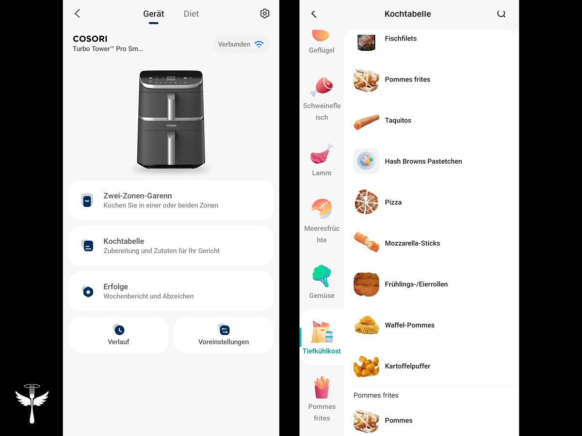 Zwei Screenshots aus der VeSync-App auf schwarzem Hintergrund. Links: der Startbildschirm für den Cosori Turbo Tower Pro Smart, unter anderem mit den Optionen „Zwei-Zonen-Garen“ und „Kochtabelle“. Rechts: die Kochtabelle im Detail, mit den Optionen unter der Auswahl „Tiefkühlost“ (von Fischfilets über Pommes bis Kartoffelpuffer). In der unteren linken Ecke das LECKER-Logo.