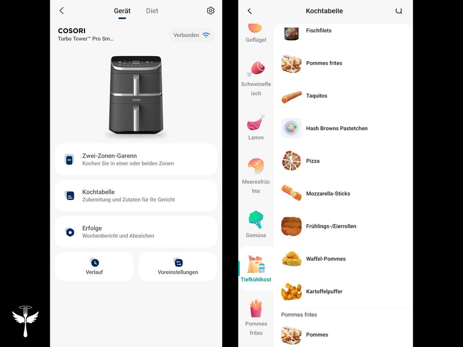 Zwei Screenshots aus der VeSync-App auf schwarzem Hintergrund. Links: der Startbildschirm für den Cosori Turbo Tower Pro Smart, unter anderem mit den Optionen „Zwei-Zonen-Garen“ und „Kochtabelle“. Rechts: die Kochtabelle im Detail, mit den Optionen unter der Auswahl „Tiefkühlost“ (von Fischfilets über Pommes bis Kartoffelpuffer). In der unteren linken Ecke das LECKER-Logo.