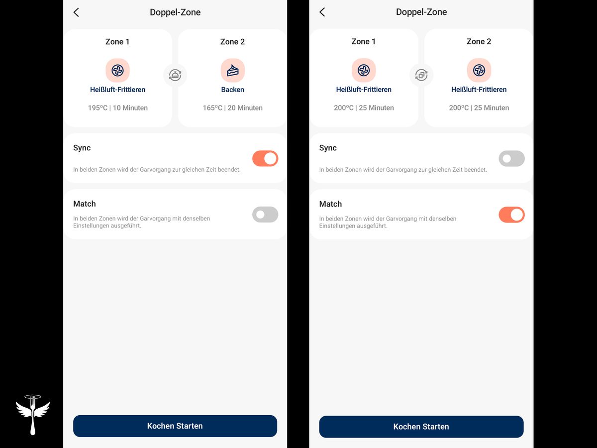 Zwei Screenshots aus der VeSync-App auf schwarzem Hintergrund. Sie zeigen das Menü zum Einstellen der beiden Kochzonen. Links: zwei unterschiedliche Programme (Heißluft-Frittieren und Backen) mit verschiedenen Garbedingungen im „Sync“-Modus. Rechts: dasselbe Programm (Heißluft-Frittieren) im „Match“-Modus. In der unteren linken Ecke das LECKER-Logo.