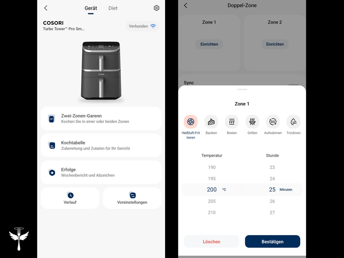 Zwei Screenshots aus der VeSync-App auf schwarzem Hintergrund. Links: der Startbildschirm für den Cosori Turbo Tower Pro Smart, unter anderem mit den Optionen „Zwei-Zonen-Garen“ und „Kochtabelle“. Rechts: das Menü zum Einstellen der beiden Kochzonen mit einer Auswahl der Funktion, Temperatur und Garzeit. In der unteren linken Ecke das LECKER-Logo.